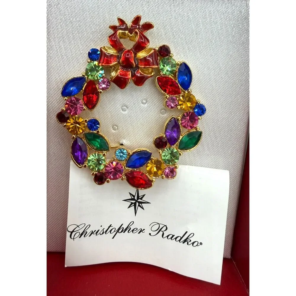 Vintage Christopher Radko Rhinestone Enamel Christmas Wreath Brooch NIB